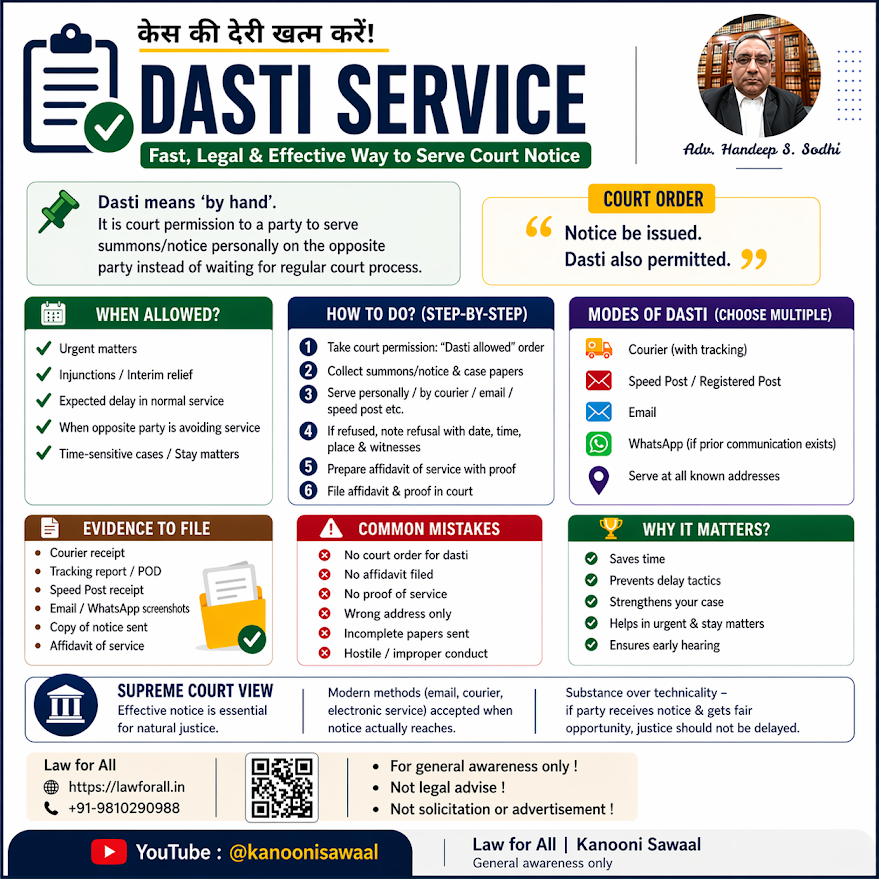 Dasti Service in Indian Courts: Fastest Way to Serve Notice, Meaning, Law, Procedure and Court’s View